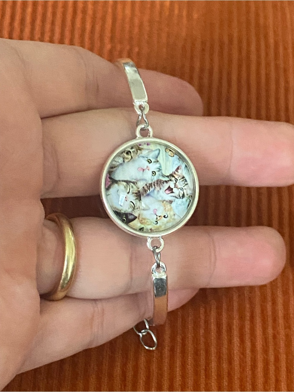 Vintage Silver Cat Portrait Bangle Bracelet with Multicolor Cat Art